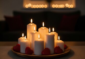 Burning White Candles With Red Decorative Hearts On Wooden Tray For Romantic Evening
