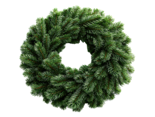 Square green wreath frame made of lush pine branches with an empty center isolated on transparent background.
