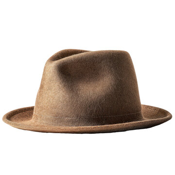 Brown fedora hat with felt texture and classic brim shape isolated on transparent background.
