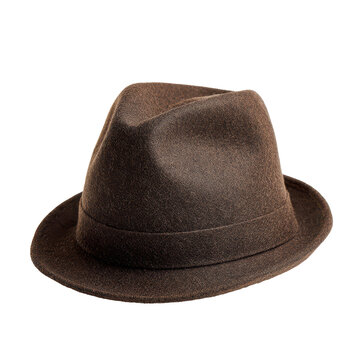 Brown fedora hat with felt texture and classic brim shape isolated on transparent background.
