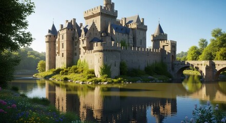 Majestic medieval castle surrounded by water and greenery, reflected in calm river at sunrise
