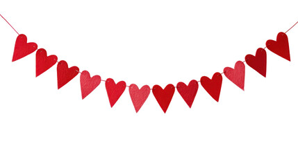 Red bunting banner with heart cutouts as a party decoration garland isolated on transparent background.
