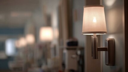 Medium shot featuring elegant wallmounted sconces providing balanced ambient glow in exam room equipment and walls subtly out of focus.