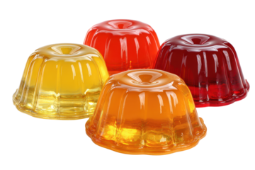 Set of four jelly dessert cups in orange red and yellow with glossy gelatin texture isolated on transparent background.
