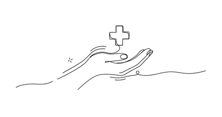 Obraz premium Line art of hands offering healthcare assistance with medical symbol, no editable stroke