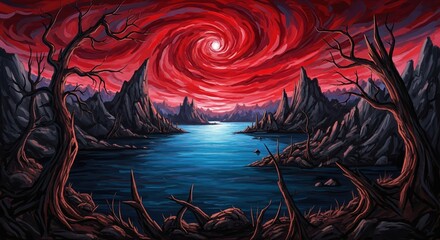 Fototapeta premium Dramatic Crimson Swirl Sky Over Dark Mountainous Lake in Fantasy Landscape