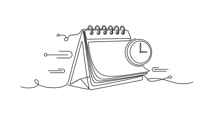 Minimalist line art calendar with clock symbolizing time management, no editable stroke