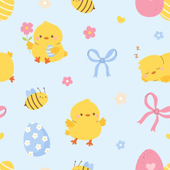 Cute Easter seamless pattern with yellow chicks,decorated eggs, bows and flowers. Spring background for holiday designs. Flat vector illustration. © Nataliia Vyshnytska