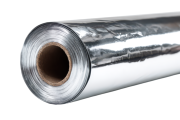 Rolled aluminum foil sheet with metallic reflections isolated on transparent background.

