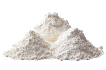 Three small mounds of flour or powdered sugar with soft texture isolated on transparent background.
