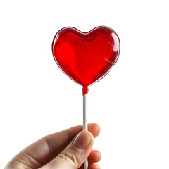 Red Heart Shaped Lollipop Candy in Hand Isolated on Transparent Background