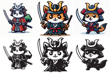 Obraz premium Set of vector and silhouettes of Japanese samurai animal characters on a white background.