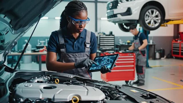 Automotive Technician: A focused technician, safety glasses protecting her eyes, expertly uses a digital tablet to diagnose a vehicle's engine problems.