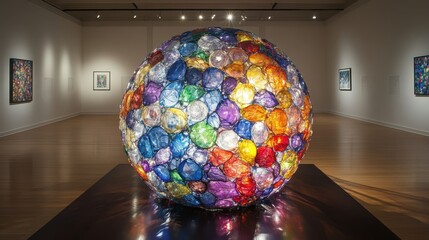 A large colorful globe sculpture made from recycled plastic bottles is displayed in an art gallery