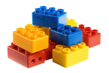 Colorful toy building blocks in primary colors with a 3D plastic look isolated on transparent background.
