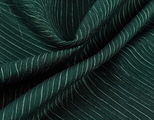 Pleated dark green fabric with subtle silver pinstripes drapes elegantly.