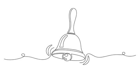 Obraz premium Minimalist continuous line drawing of a hand bell with sound waves. No editable strokes