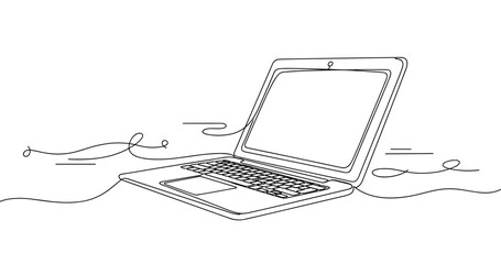 Continuous line drawing of an open laptop on a minimalist background. No editable strokes