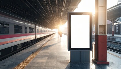 Train Station Platform With A Blank Billboard Sign And Morning Sunlight