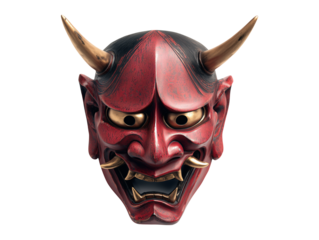 Traditional red japanese hannya demon mask isolated on transparent or white background, png