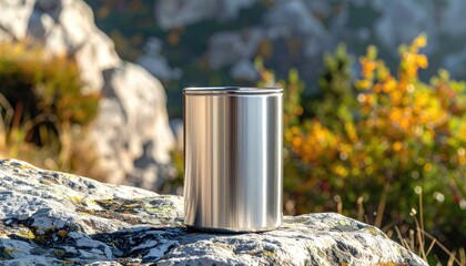 Shiny steel container sits on a stone during outdoor hiking in a natural mountainous landscape
