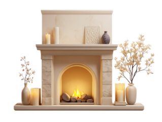 Cozy fireplace with warm flames and decorative details isolated on transparent background.
