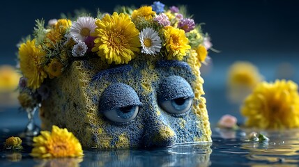 Stone sculpture adorned with yellow flowers in water
