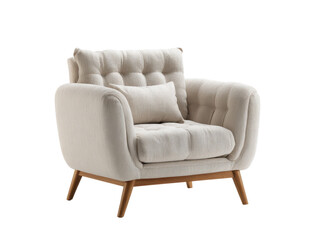 Fototapeta premium Beige upholstered armchair with cozy fabric texture isolated on transparent background. 