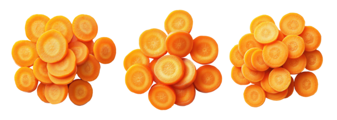 Close-up of fresh orange carrot slices arranged in pile on white transparent background.