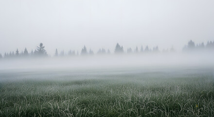 A misty meadow landscape with a field of green grass and a line of trees disappearing into the fog