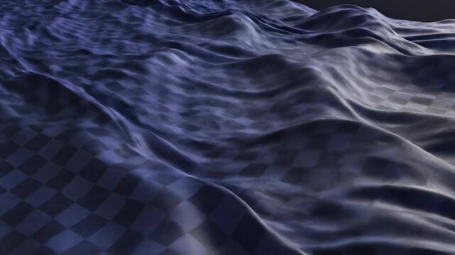 High-speed wave simulation of an ethereal indigo blue checkered fabric flowing gracefully in a complex ripple pattern creating depth and texture motion, abstract background, blue