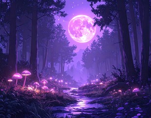 Enchanted forest path glows under a vibrant full moon.
