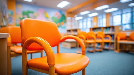 Medium shot focusing on cheerful childfriendly chairs and educational toys in a pediatric waiting room with a soft mural visible but out of focus creating a welcoming atmosphere.