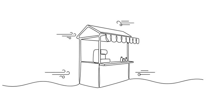Hand-drawn outdoor market vendor stall line art on white background. No editable strokes