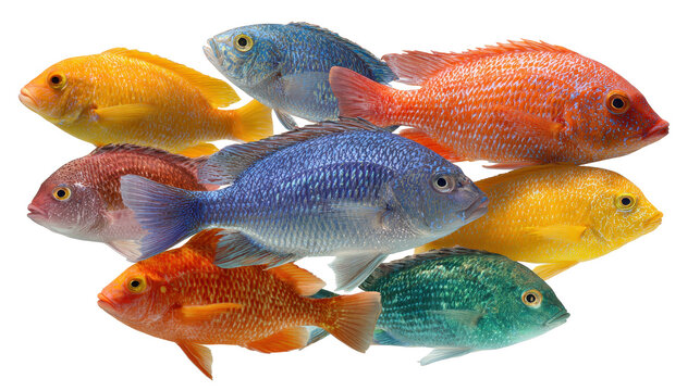 School of colorful tropical fish with a vibrant aquarium feel isolated on transparent background.
