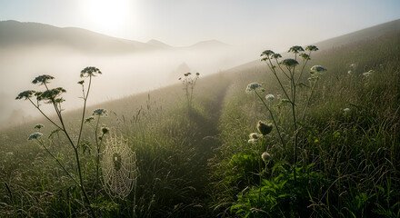 A misty morning scene on a hillside path, wildflowers in the foreground, and distant mountains. The sun glows dimly
