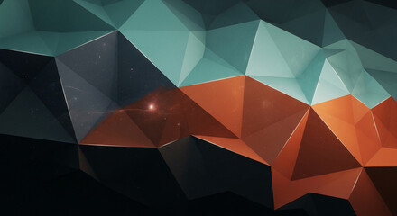 Abstract image with geometric shapes, teal and orange color, with a space with a red star. It can represent abstract, futuristic or cosmic concept.