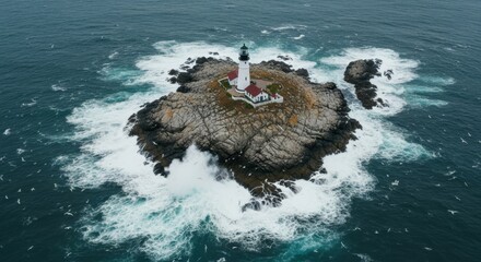 Aerial view of a white lighthouse on a rocky island surrounded by crashing waves and seagulls.
