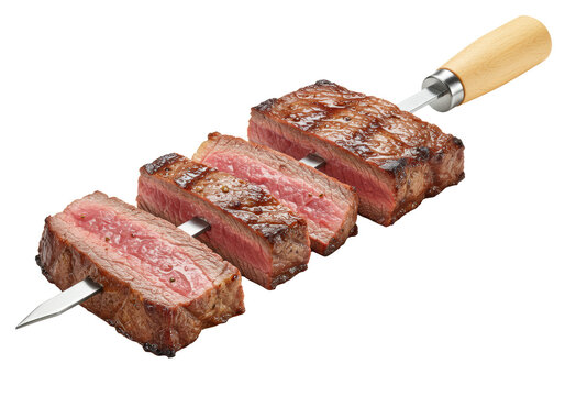 Close-up of three medium-rare fraldinha beef slices, grilled with a charred crust, on a steel skewer with a wood handle, isolated on a transparent background. Brazilian churrasco gourmet concept