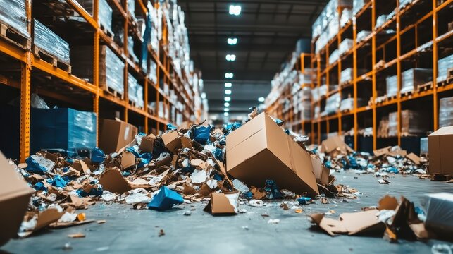 A pile of damaged torn and crushed cardboard packaging materials overflows onto the floor of a large industrial warehouse with tall shelving units filled with inventory