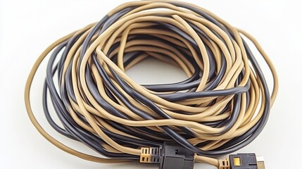 A tangled mass of brown and black electrical wires and cables in a disorderly coil with connectors visible