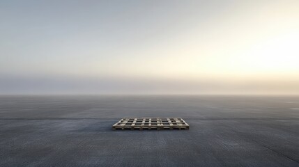 A single wooden cargo pallet sits empty on a concrete surface in a vast outdoor expanse under a hazy sky