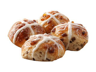 Hot cross buns with raisins and white icing isolated on transparent or white background, png