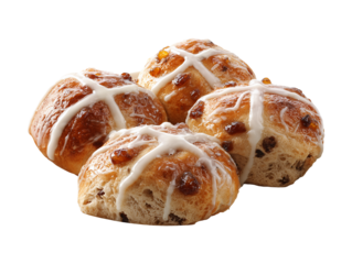 Hot cross buns with raisins and white icing isolated on transparent or white background, png