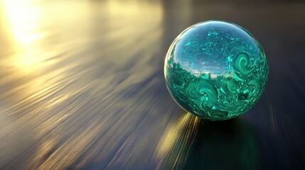 A polished malachite globe with swirling green patterns reflecting light and the earth