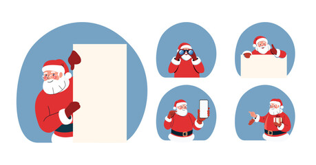 Santa Claus Marketing Character Set with Copy Space and Gestures. Flat Vector Illustration
