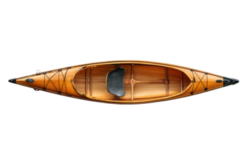 Sleek wooden canoe or kayak with streamlined hull isolated on transparent background.
