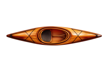Sleek wooden canoe or kayak with streamlined hull isolated on transparent background.
