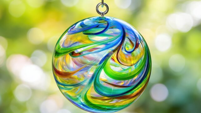 A vibrant hand blown glass orb with swirling colors suspended outdoors