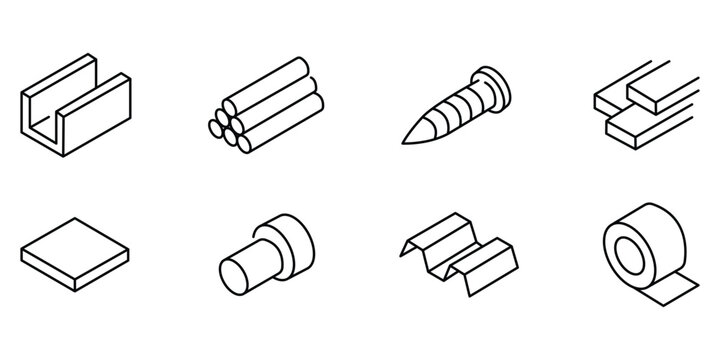Steel profile icon set, construction beams, nail screw, log stack, sheet plate, industrial material elements illustration.
